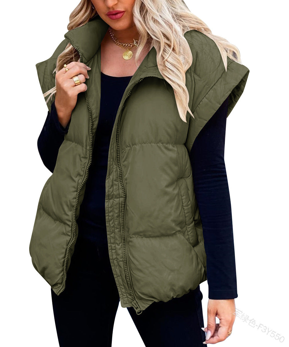 Solid Color Zipper Pocket Cotton-padded Vest Fashion Stand Collar Temperament Commute Coat