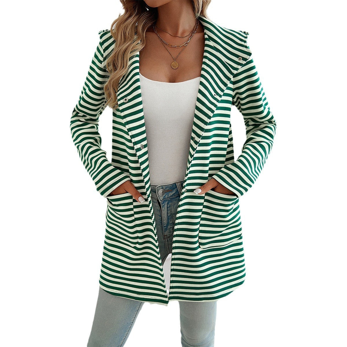 Elegant Striped Cardigan Hooded Knitted Long-sleeved Coat