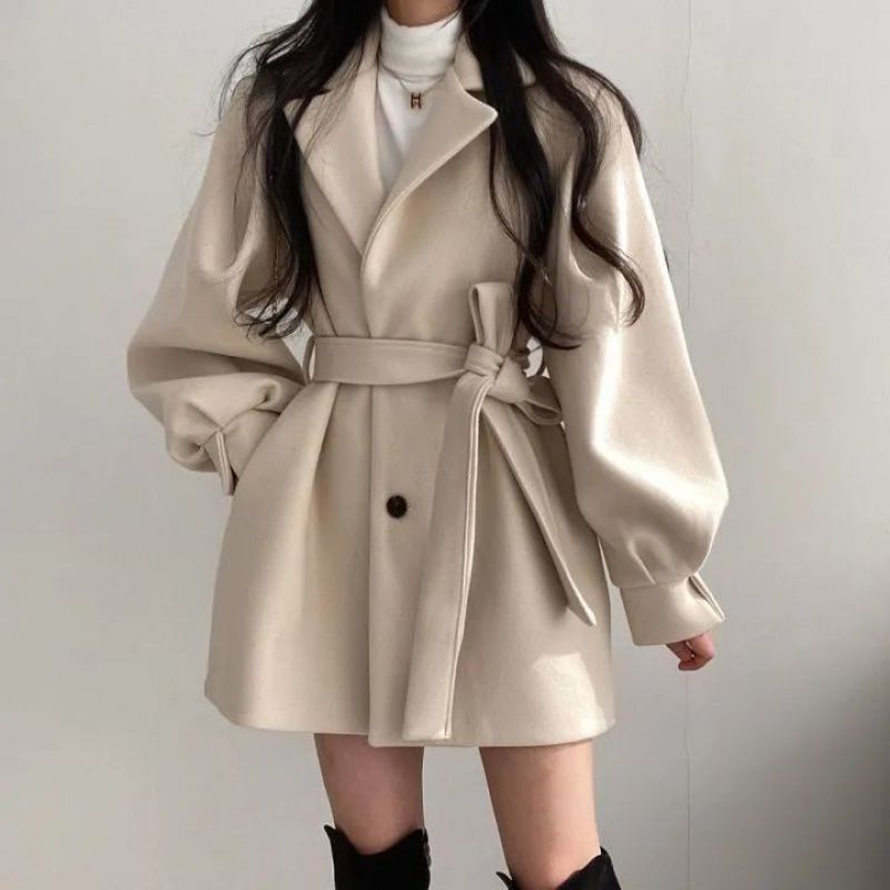 Loose Wind Coat Women's Woolen Coat With Suit Collar Mid-length And Small Woolen Coat